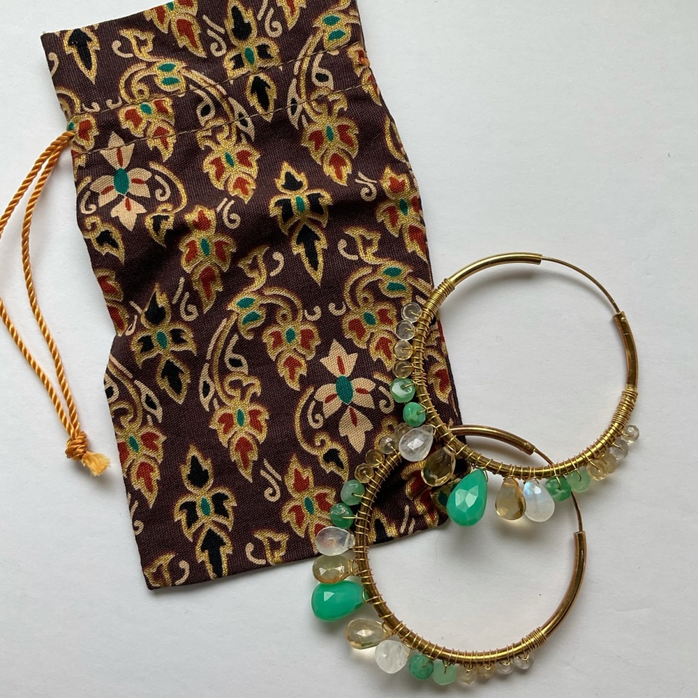 Gold Plated Hoop Earrings with Assorted Green Gemstones, "Spring Serenade"